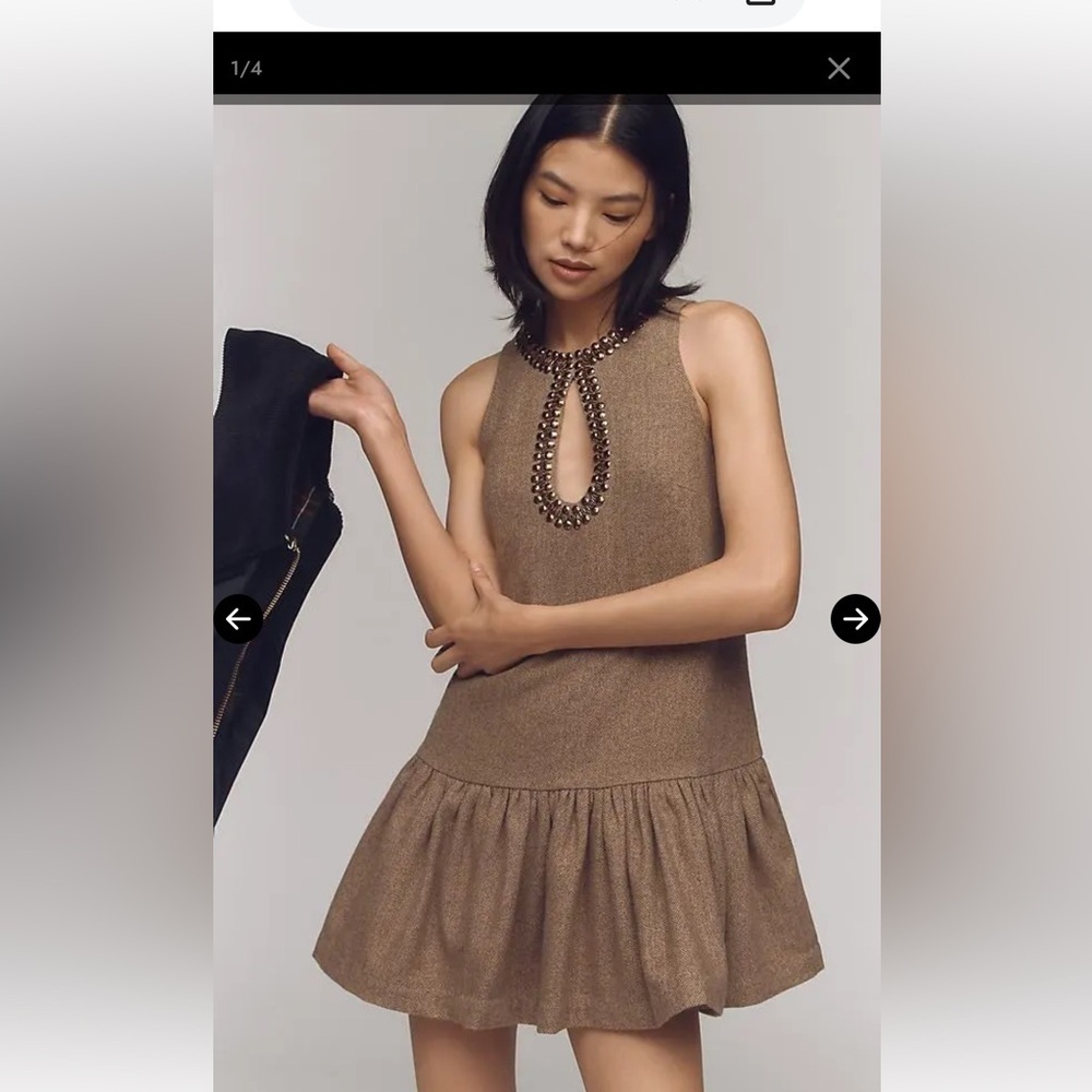 NWT ANTHROPOLOGIE Beaded Keyhole Wool Blend Mini Dress, Brown, Large, $178 MSRP - Picture 2 of 8